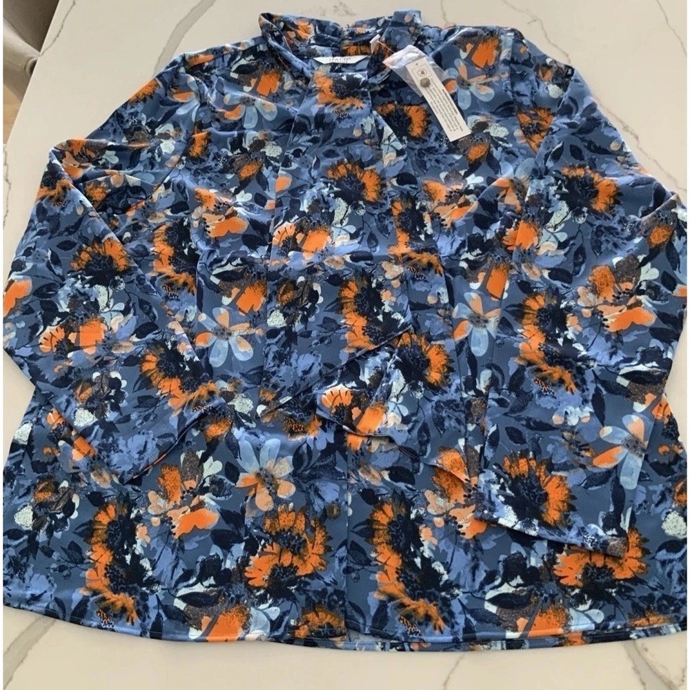 New Denim & Co. Adaptive Floral Print Blouse L with Neck Tie Detail Navy Print